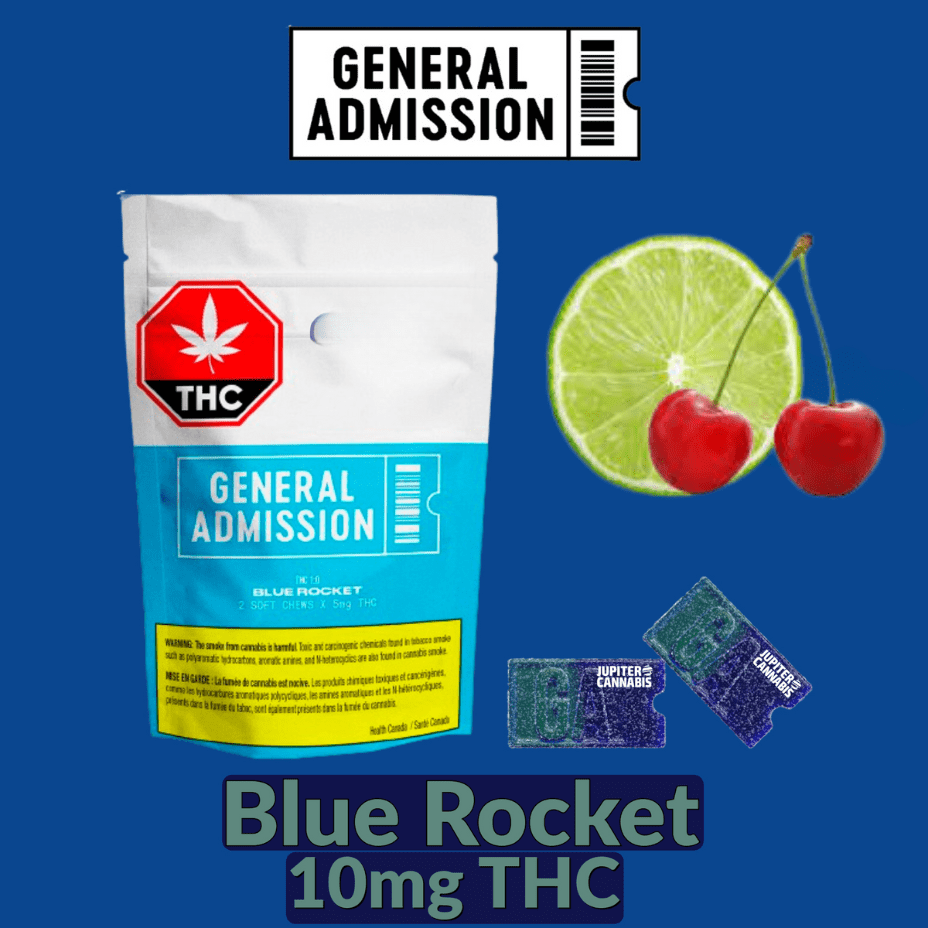 General Admission Blue Rocket Indica Gummies-2x4.5g 2x5mg Morden Vape SuperStore and Cannabis Manitoba Canada