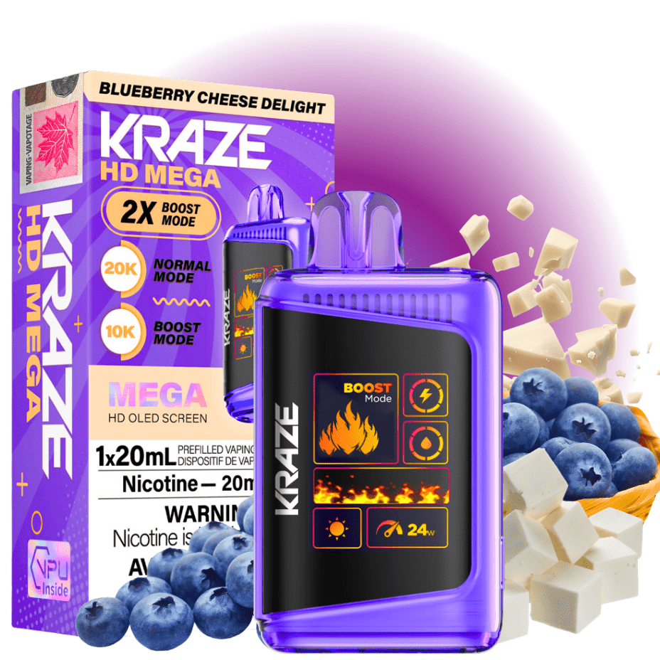 Kraze HD Mega 20k Disposable Vape - Blueberry Cheese Delight 20000 Puffs / 20mg Morden Vape SuperStore and Cannabis Manitoba Canada