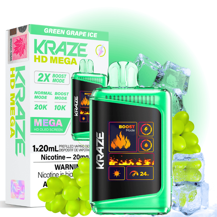 Kraze HD Mega 20k Disposable Vape - Green Grape Ice 20000 Puffs / 20mg Morden Vape SuperStore and Cannabis Manitoba Canada