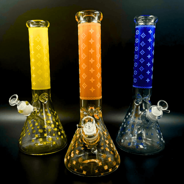 LV Pattern 7mm Beaker Bong-Glow In The Dark-14" 14” Morden Vape SuperStore and Cannabis Manitoba Canada