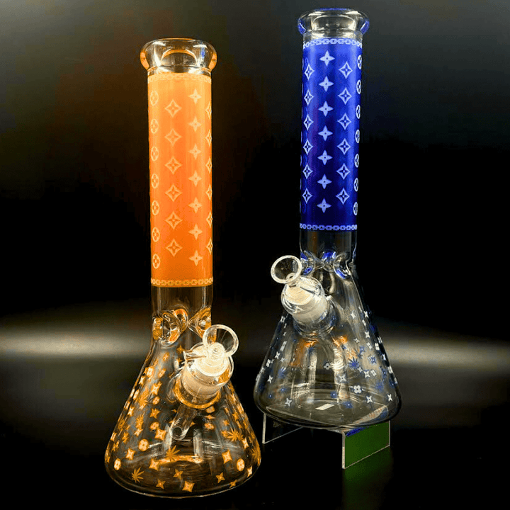 LV Pattern 7mm Beaker Bong-Glow In The Dark-14" 14” Morden Vape SuperStore and Cannabis Manitoba Canada