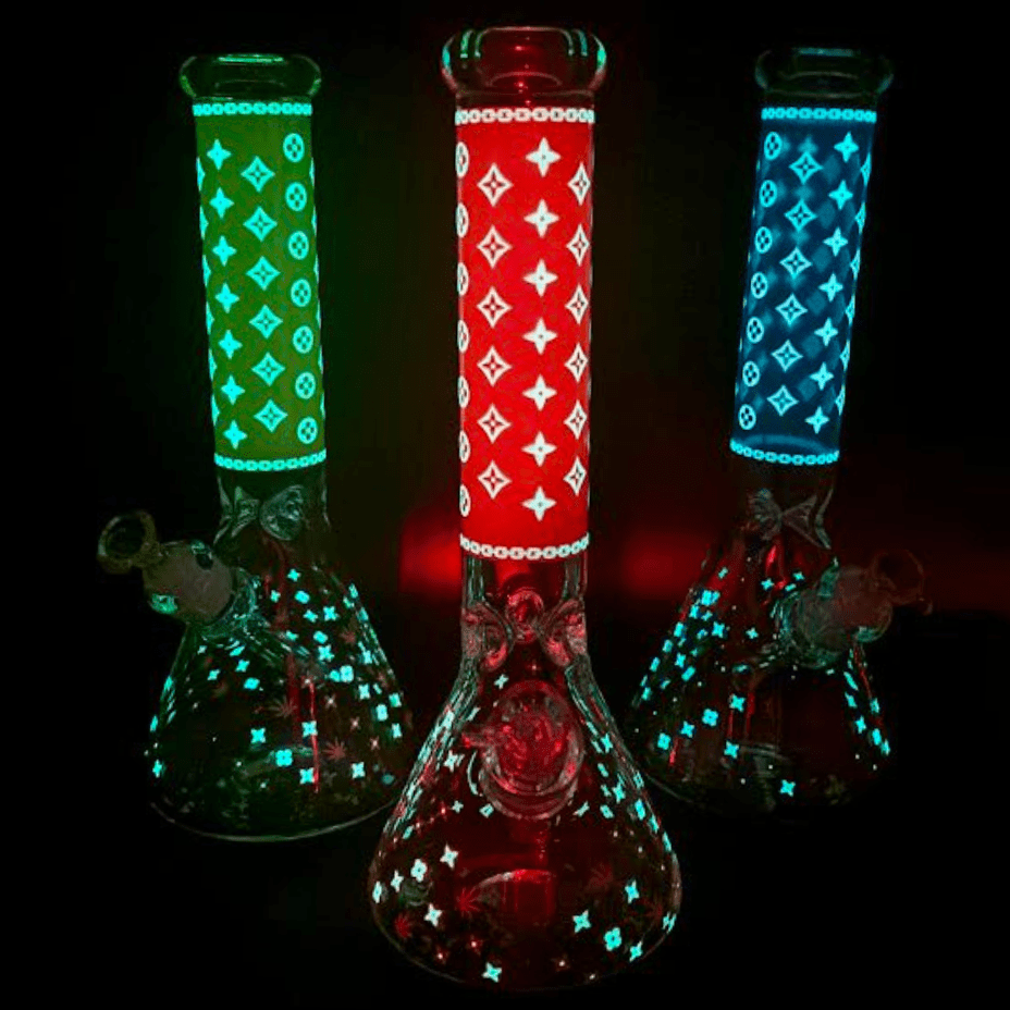 LV Pattern 7mm Beaker Bong-Glow In The Dark-14" 14” Morden Vape SuperStore and Cannabis Manitoba Canada