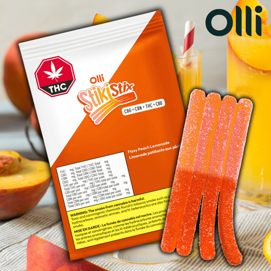 Olli StikiStix 1:1:1:1 Fizzy Peach Lemonade CBG:CBN:THC:CBD Gummies-4x2.5mg 4x2.5mg Morden Vape SuperStore and Cannabis Manitoba Canada