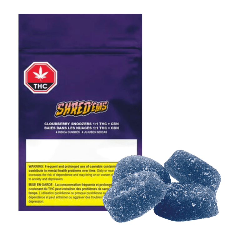 Shred'ems Cloudberry Snoozers 1:1 THC/CBN Gummies 4x2.5mg 4x2.5mg Morden Vape SuperStore and Cannabis Manitoba Canada