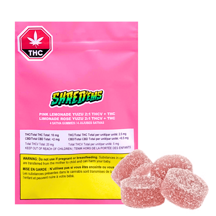 Shred'ems Pink Lemonade Yuzu 2:1 THCV/THC Gummies 4x2.5mg 4x2.5mg Morden Vape SuperStore and Cannabis Manitoba Canada