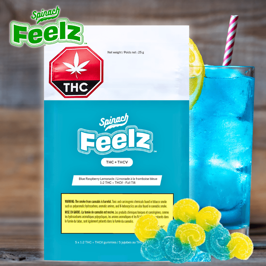 Spinach Feelz Blue Raspberry Lemonade 1:2 THC + THC Gummies-2x5mg 5x2mg Morden Vape SuperStore and Cannabis Manitoba Canada