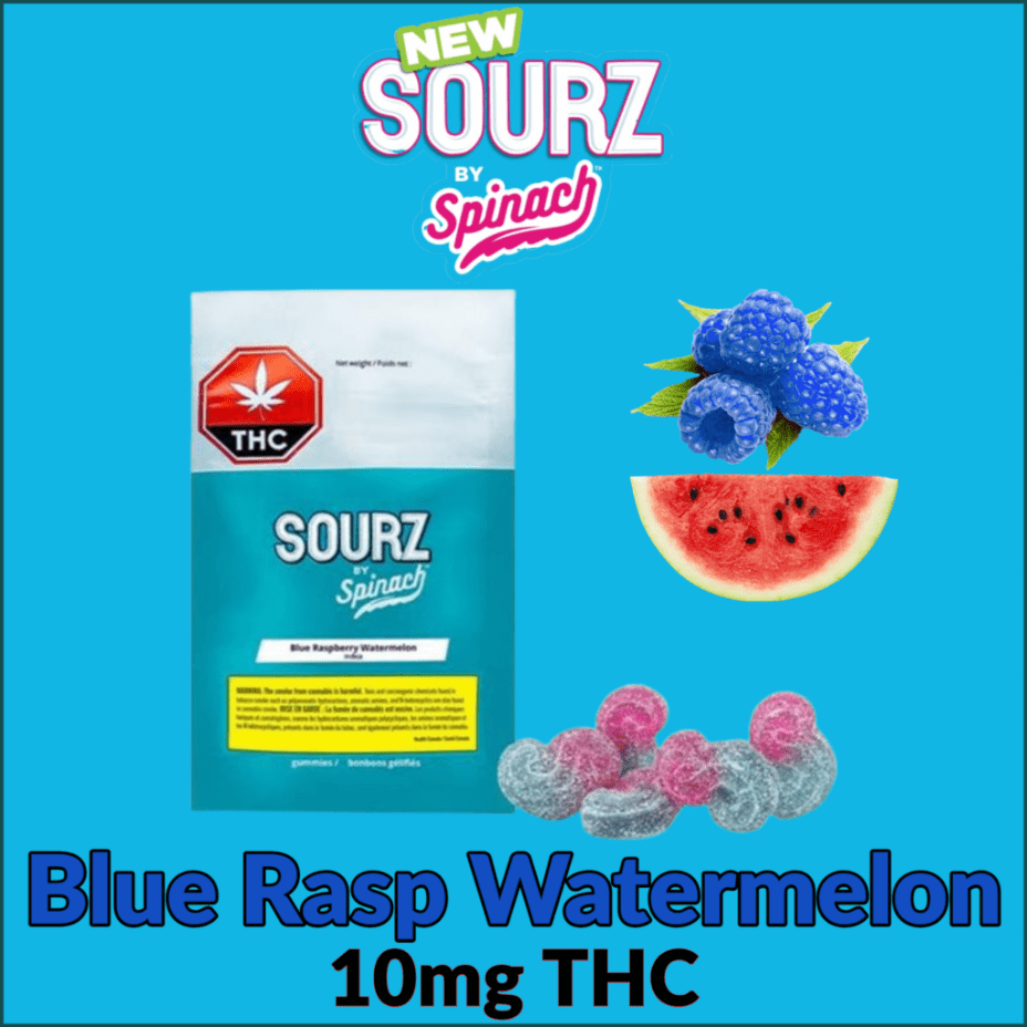 Spinach Sourz Blue Raspberry Watermelon THC Gummies 5x0.5g Morden Vape SuperStore and Cannabis Manitoba Canada