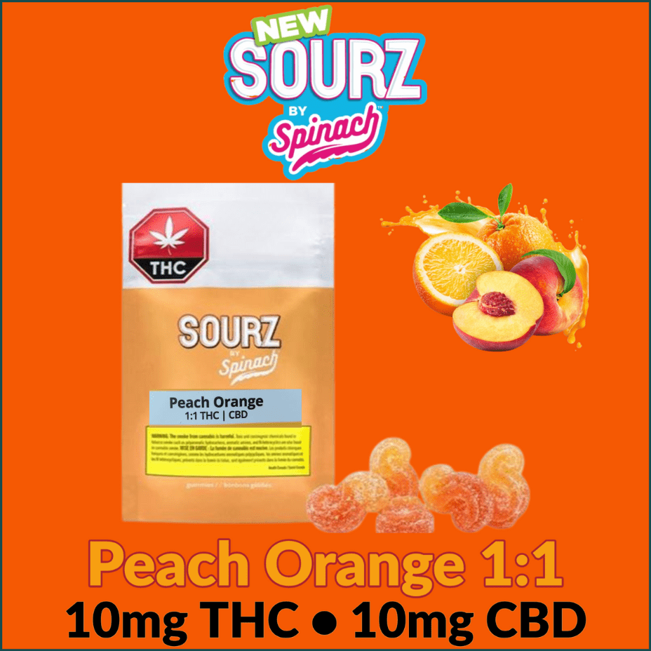 Spinach Sourz Peach Orange Gummies 1:1 THC-CBD 5x0.5g Morden Vape SuperStore and Cannabis Manitoba Canada