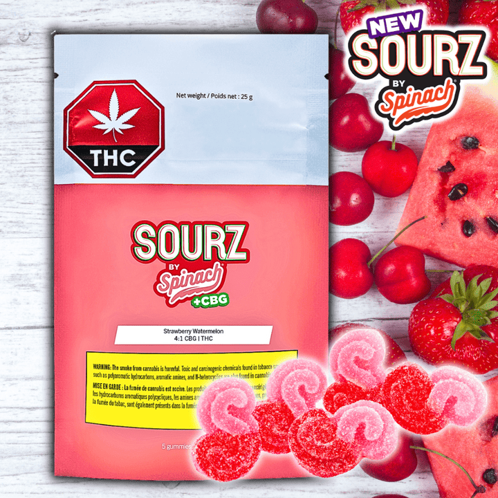 Spinach Sourz Strawberry Watermelon 4:1 THC:CBG Gummies-5x2mg 5x2mg Morden Vape SuperStore and Cannabis Manitoba Canada