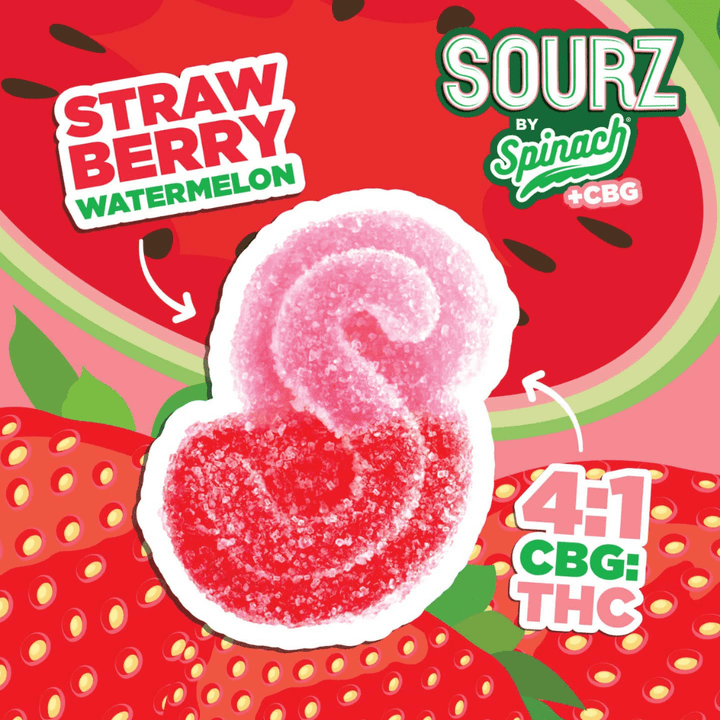 Spinach Sourz Strawberry Watermelon 4:1 THC:CBG Gummies-5x2mg 5x2mg Morden Vape SuperStore and Cannabis Manitoba Canada