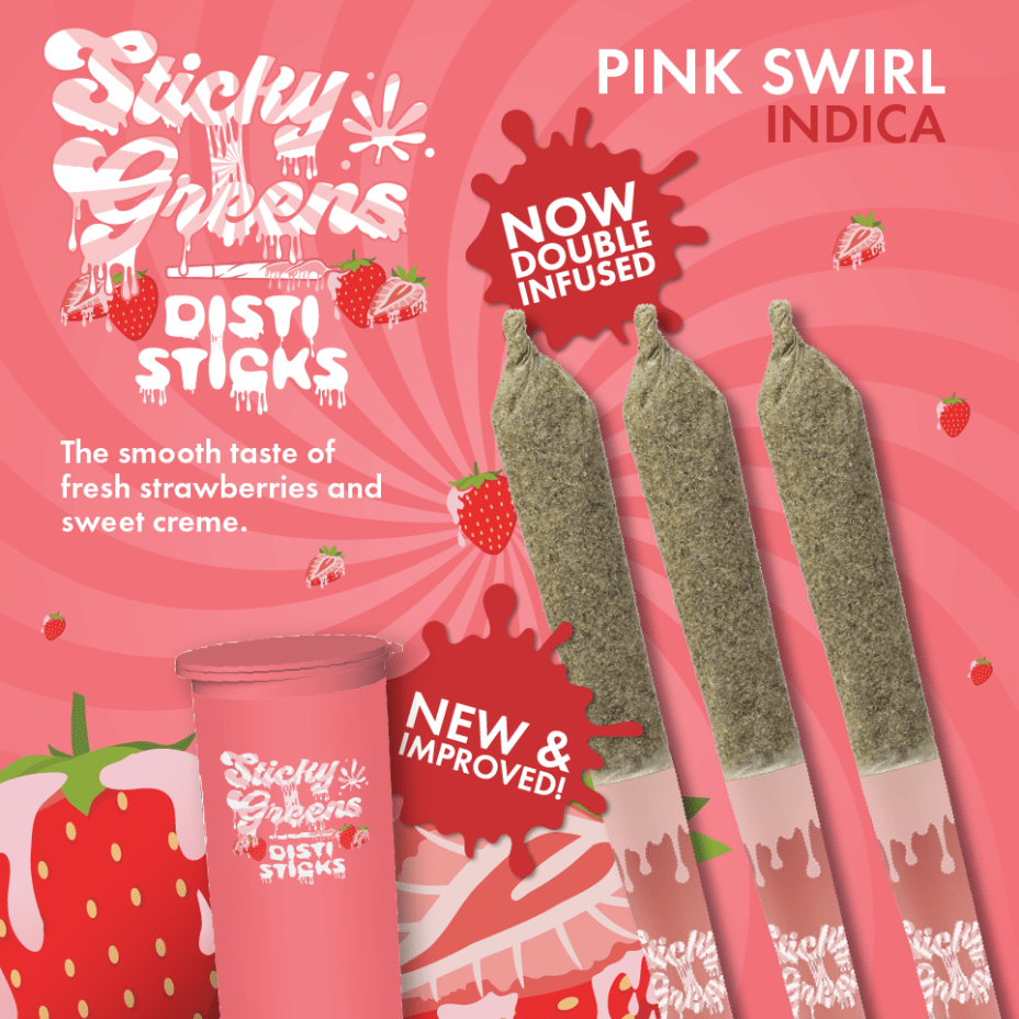 Sticky Green Pink Swirl Disti Sticks Infused Pre-Rolls-3x0.5g Morden Vape SuperStore and Cannabis Manitoba Canada