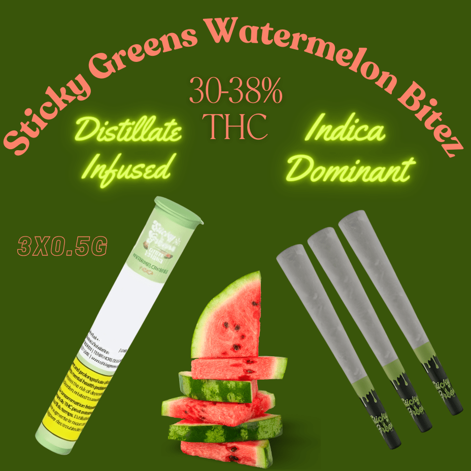 Sticky Green Watermelon Bitez Disti Sticks Infused Pre-Roll-3x0.5g Morden Vape SuperStore and Cannabis Manitoba Canada