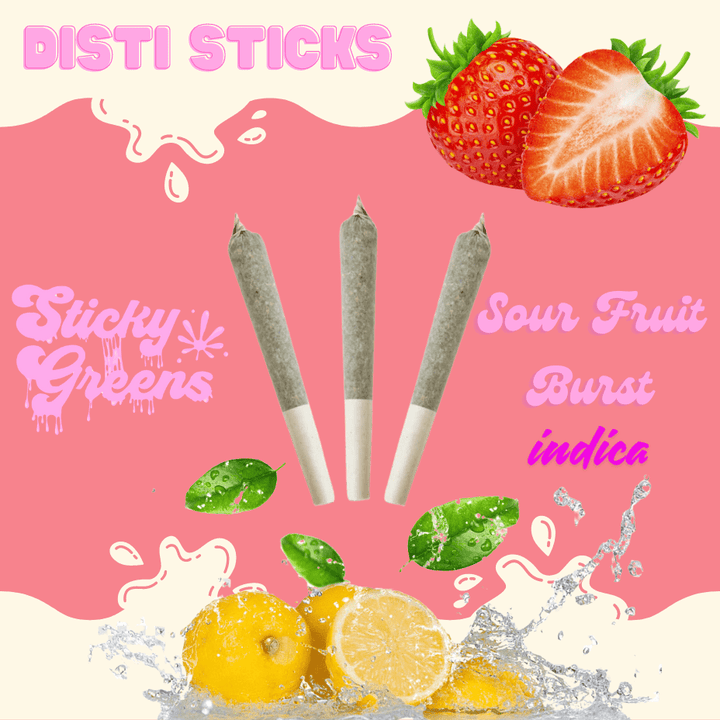 Sticky Greens Disti Sticks Sour Fruit Burst Infused Indica Pre-Rolls-3x0.5g 3x0.5g Morden Vape SuperStore and Cannabis Manitoba Canada