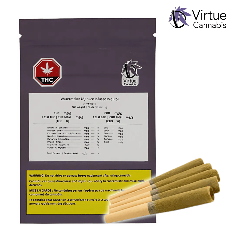 Virtue Cannabis Watermelon Mjto Ice Infused Pre-rolls 5x0.5g 5x0.5g Morden Vape SuperStore and Cannabis Manitoba Canada