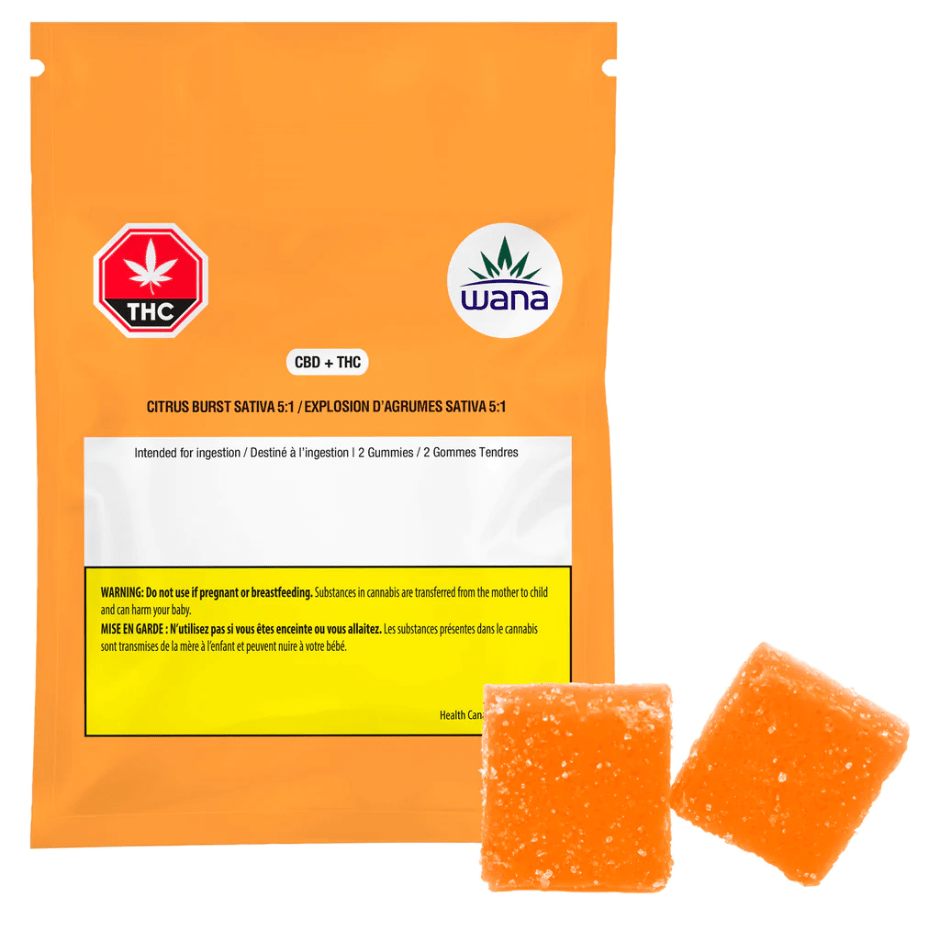 Wana Citrus Burst Sour Sativa Gummies 5:1 CBD/THC Morden Vape SuperStore and Cannabis Manitoba Canada