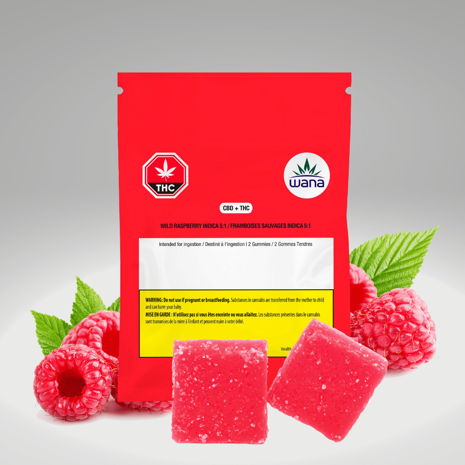 Wana Wild Raspberry Indica 5:1 CBD/THC Gummies 2x4.5mg Morden Vape SuperStore and Cannabis Manitoba Canada