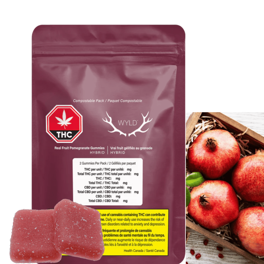 WYLD Real Fruit Pomegranate Gummies 1:1 THC:CBD 2/pkg Morden Vape SuperStore and Cannabis Manitoba Canada