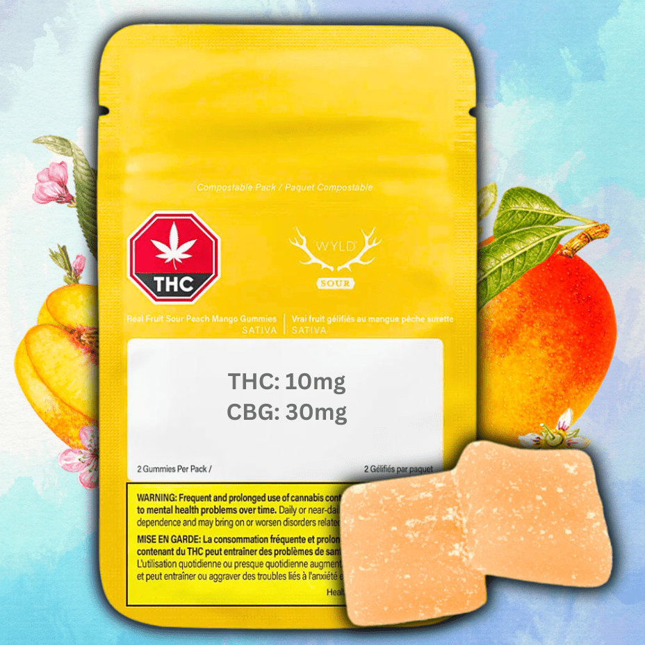 Wyld Real Fruit Sour Peach Mango 3:1 THC:CBG Gummies-2/pkg 2x5mg Morden Vape SuperStore and Cannabis Manitoba Canada