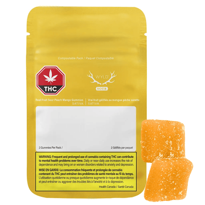 Wyld Real Fruit Sour Peach Mango 3:1 THC:CBG Gummies-2/pkg 2x5mg Morden Vape SuperStore and Cannabis Manitoba Canada