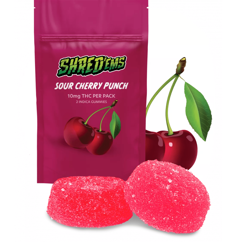 SHRED'em Sour Cherry Punch Indica Gummies-2x5mg 2x5mg Morden Vape SuperStore and Cannabis Manitoba Canada